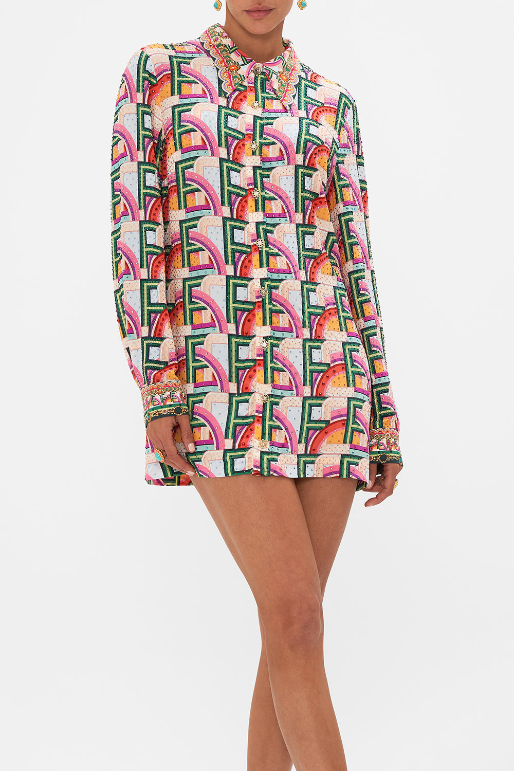 Crop view of model wearing CAMILLA silk long sleeve mini dress in An Italian Welcome print