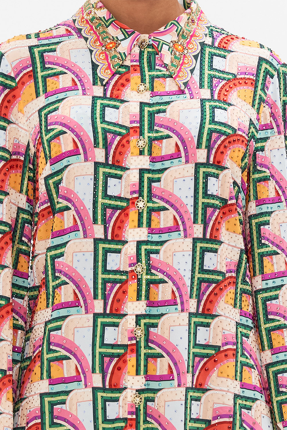 Detail view of model wearing CAMILLA silk long sleeve mini dress in An Italian Welcome print