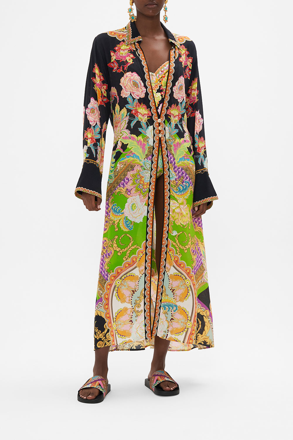 Crop view of model wearing CAMILLA silk jakcet in Sundowners in Sicily print 