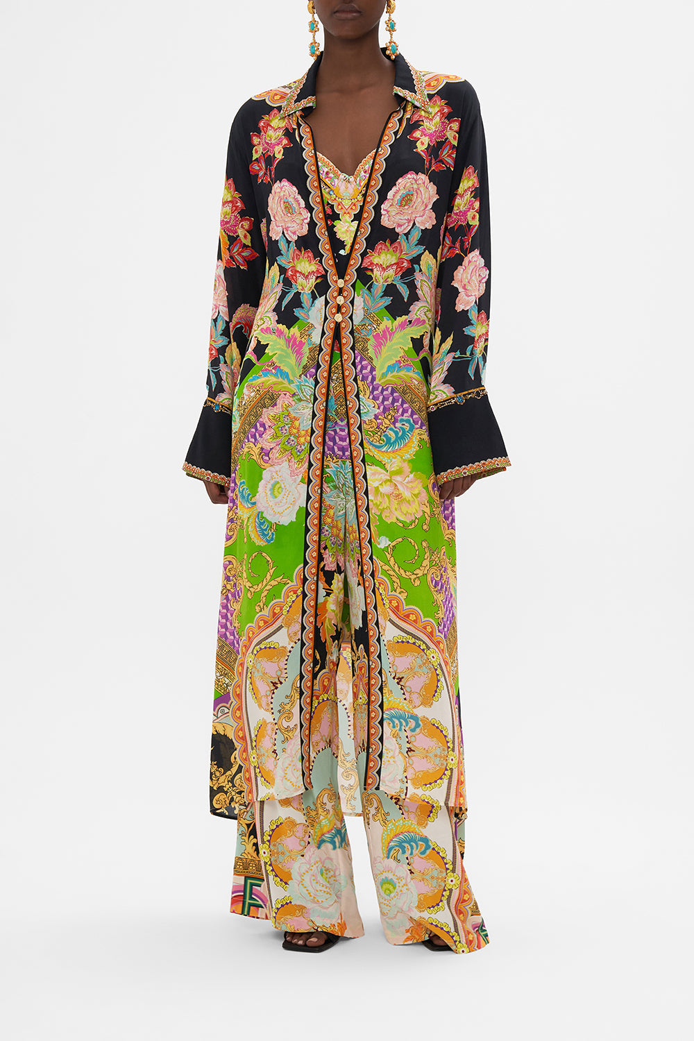 Front view of model wearing CAMILLA silk jakcet in Sundowners in Sicily print 