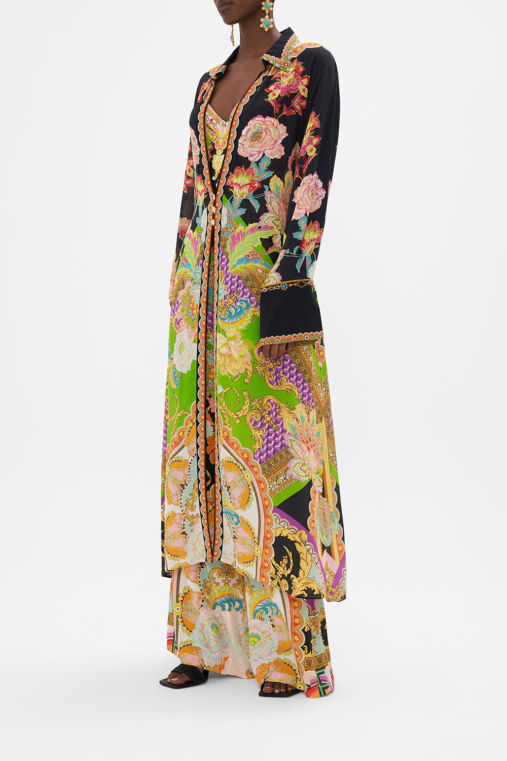 Side view of model wearing CAMILLA silk jakcet in Sundowners in Sicily print 