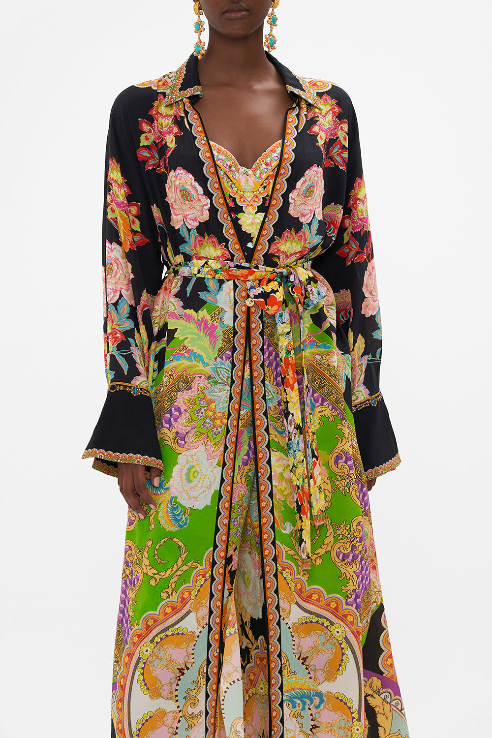 Detail view of model wearing CAMILLA silk jakcet in Sundowners in Sicily print 