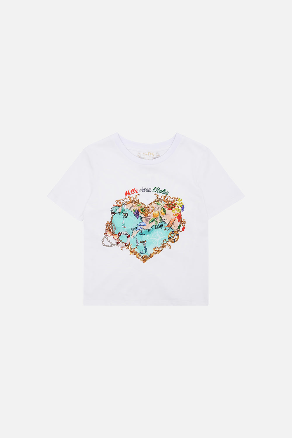 Product view of MILLA BY CAMILLA kids white t-shirt with Amalfi Lullaby printed