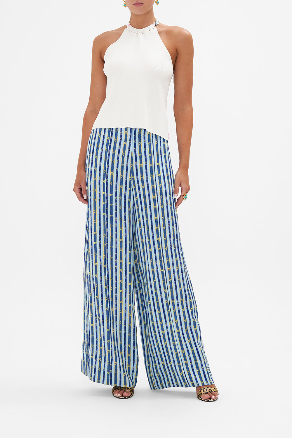 Front view of model wearing CAMILLA white knit top in Amalfi Lullaby print