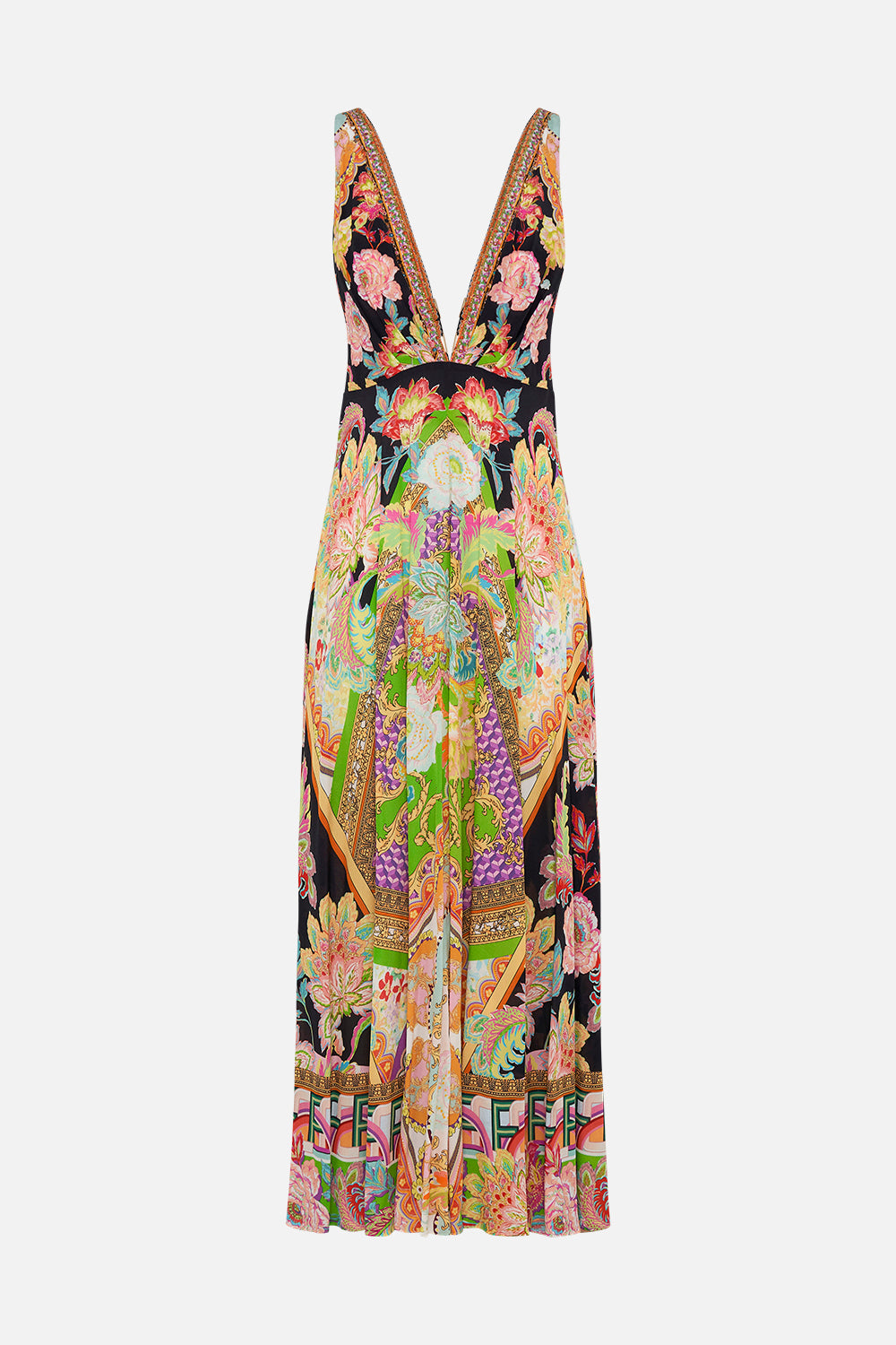 Product view of CAMILLA silk plunge neck dress in Sundowners in Sicily print 
