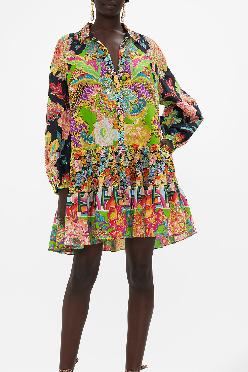 Crop view of model wearing CAMILLA printed shirt dress in Sundowners in Sicily print 