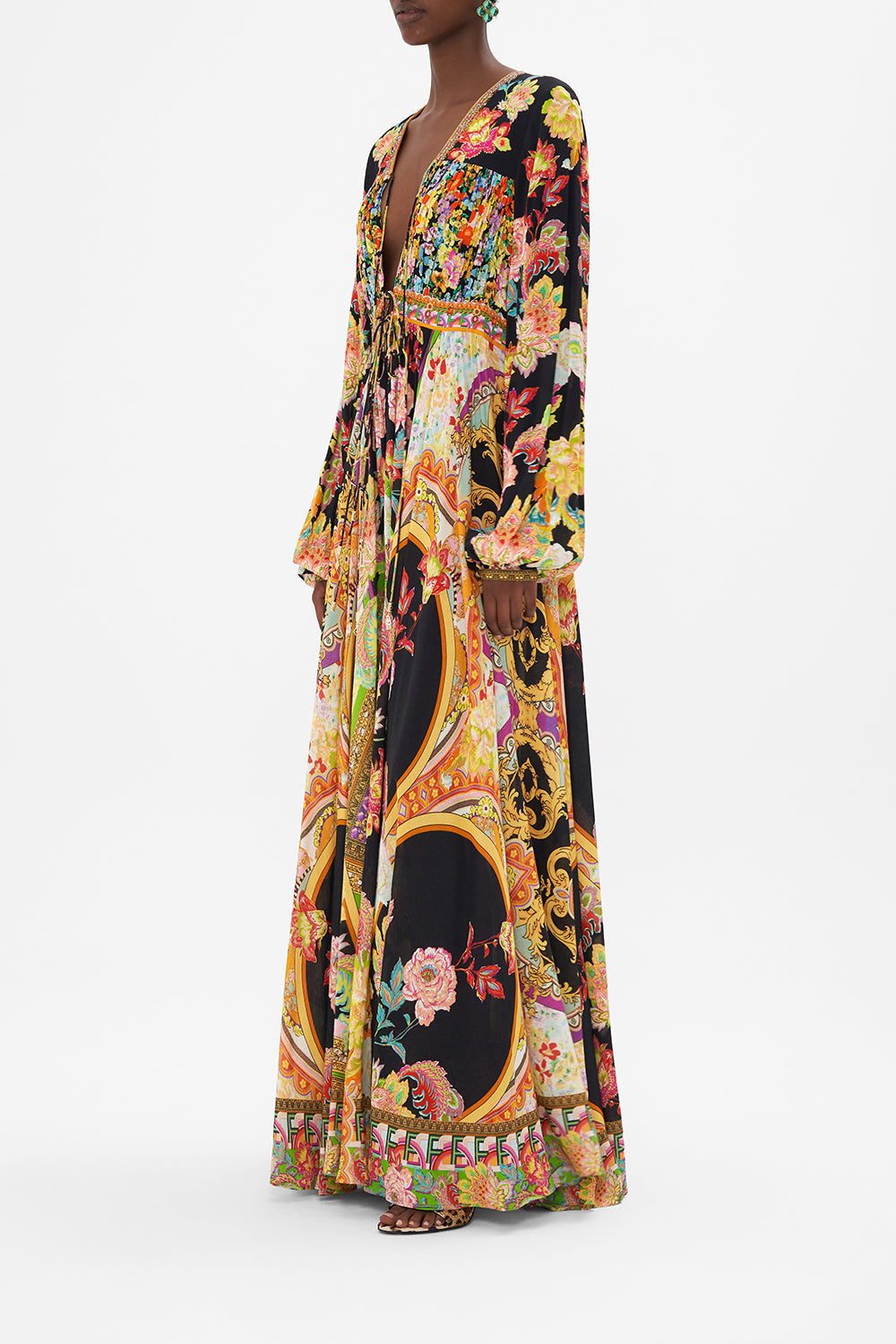 Side view of model wearing CAMILLA long dress in Sundowners in Sicily print 