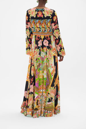 Back view of model wearing CAMILLA long dress in Sundowners in Sicily print 