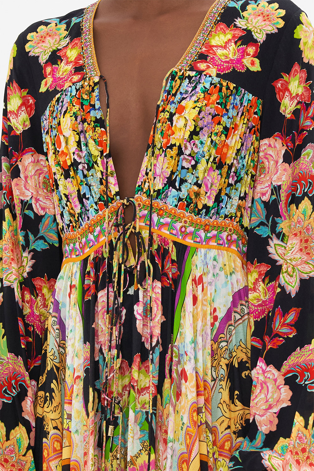 Detail view of model wearing CAMILLA long dress in Sundowners in Sicily print 