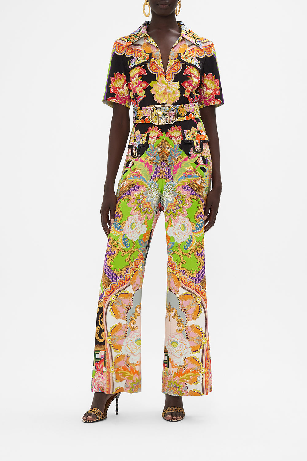 Front view of model wearing CAMILLA printed jumpsuit in Sundowners in Sicily print 