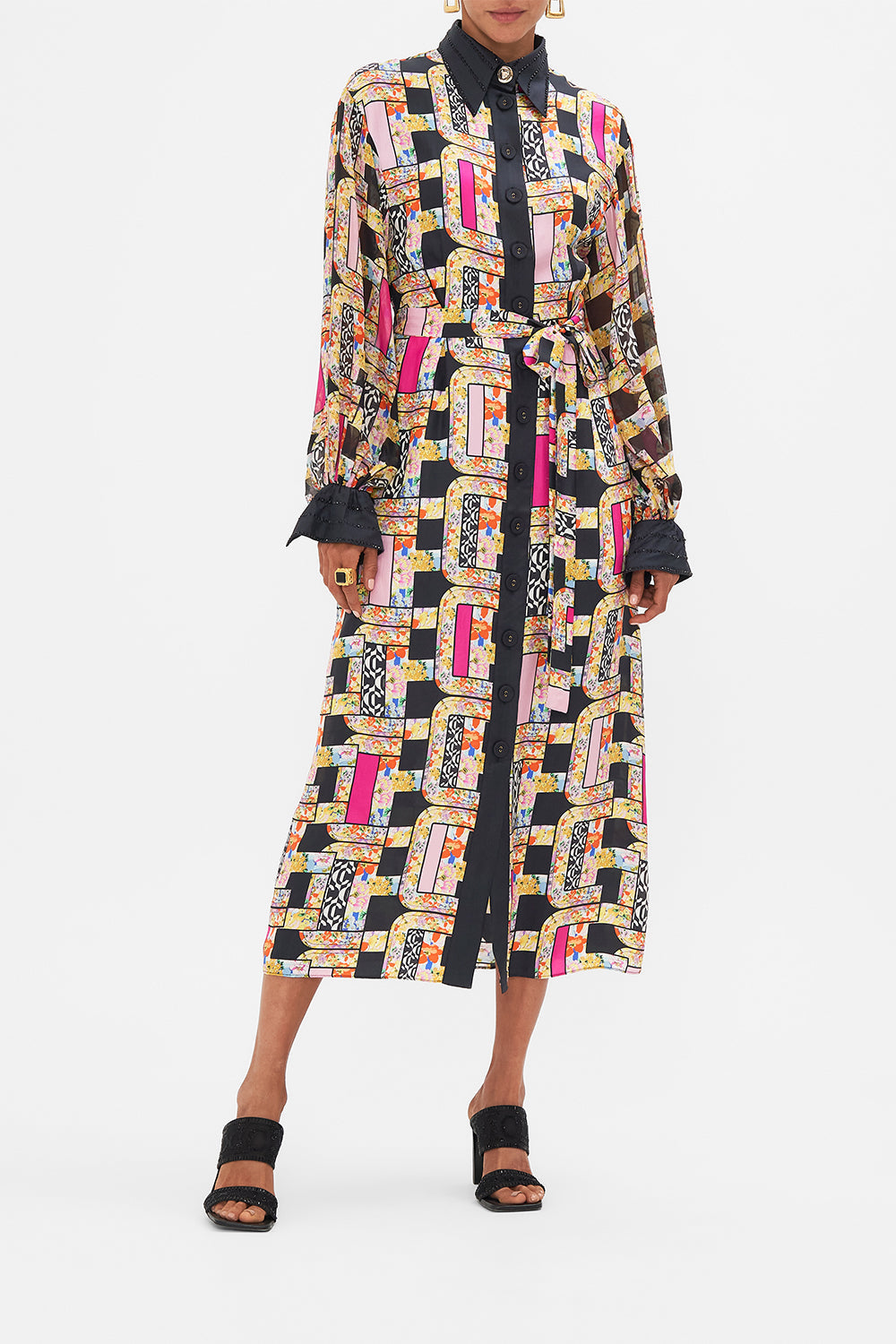 Front view of model wearing CAMILLA  silk button down dress in Signora Milano print