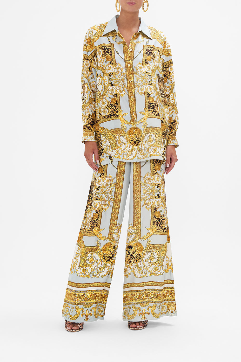 Front view of model wearing CAMILLA silk single pocket shirt in Palazzo Pride print