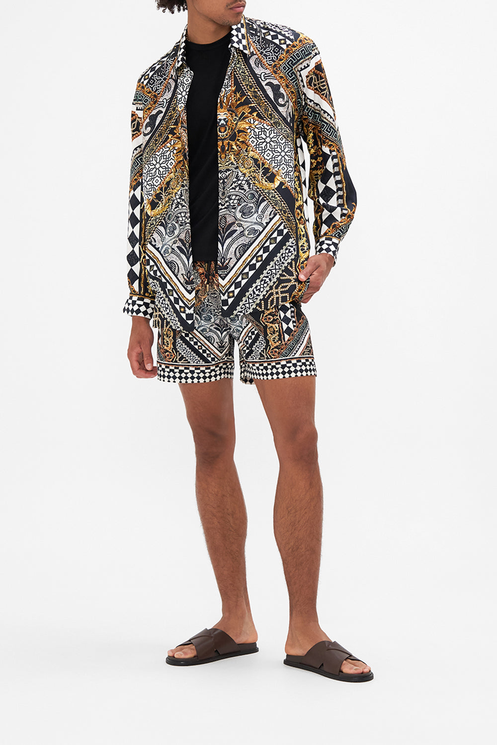 Front view of model wearing HOTEL FRANKS BY CAMILLA mens silk shirt in Look Up Tesoro print