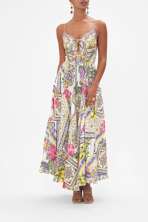 Front view of model wearing CAMILLA linen floral maxi dress in Amalfi Amore print
