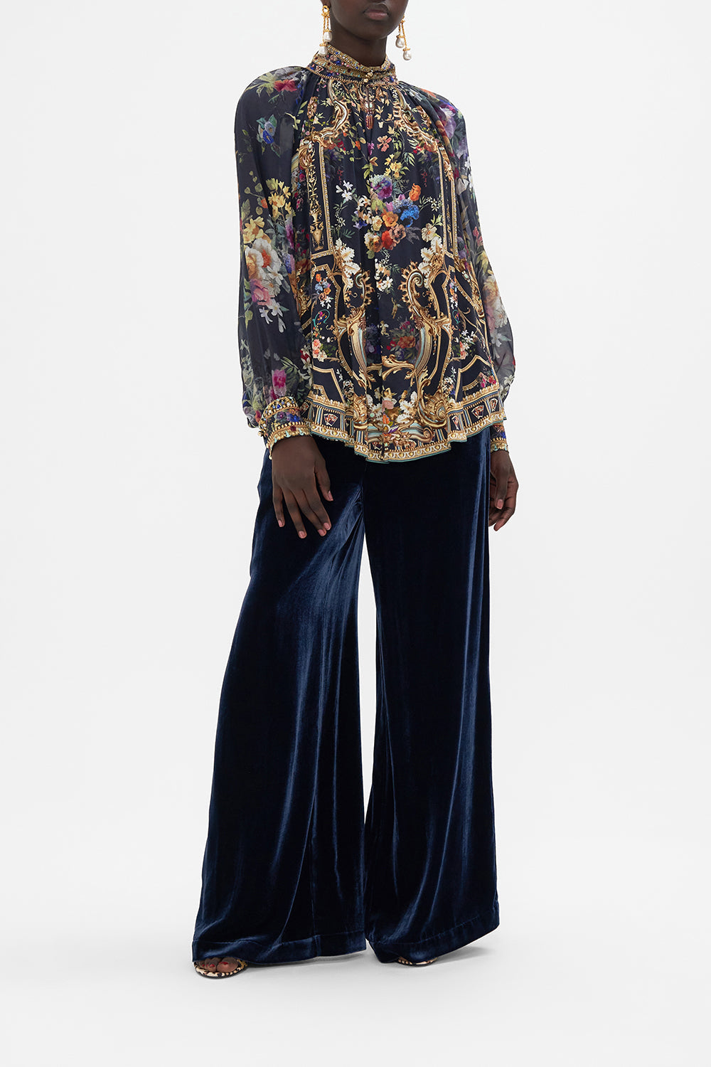 Front view of CAMILLA silk shirt top in Play Your Cards Right floral print