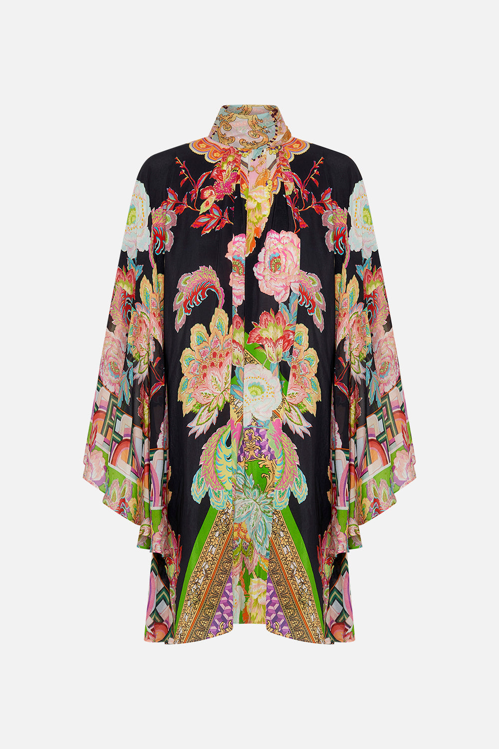 Product view of CAMILLA silk high neck ruffle dress in Sundowners in Sicily print 