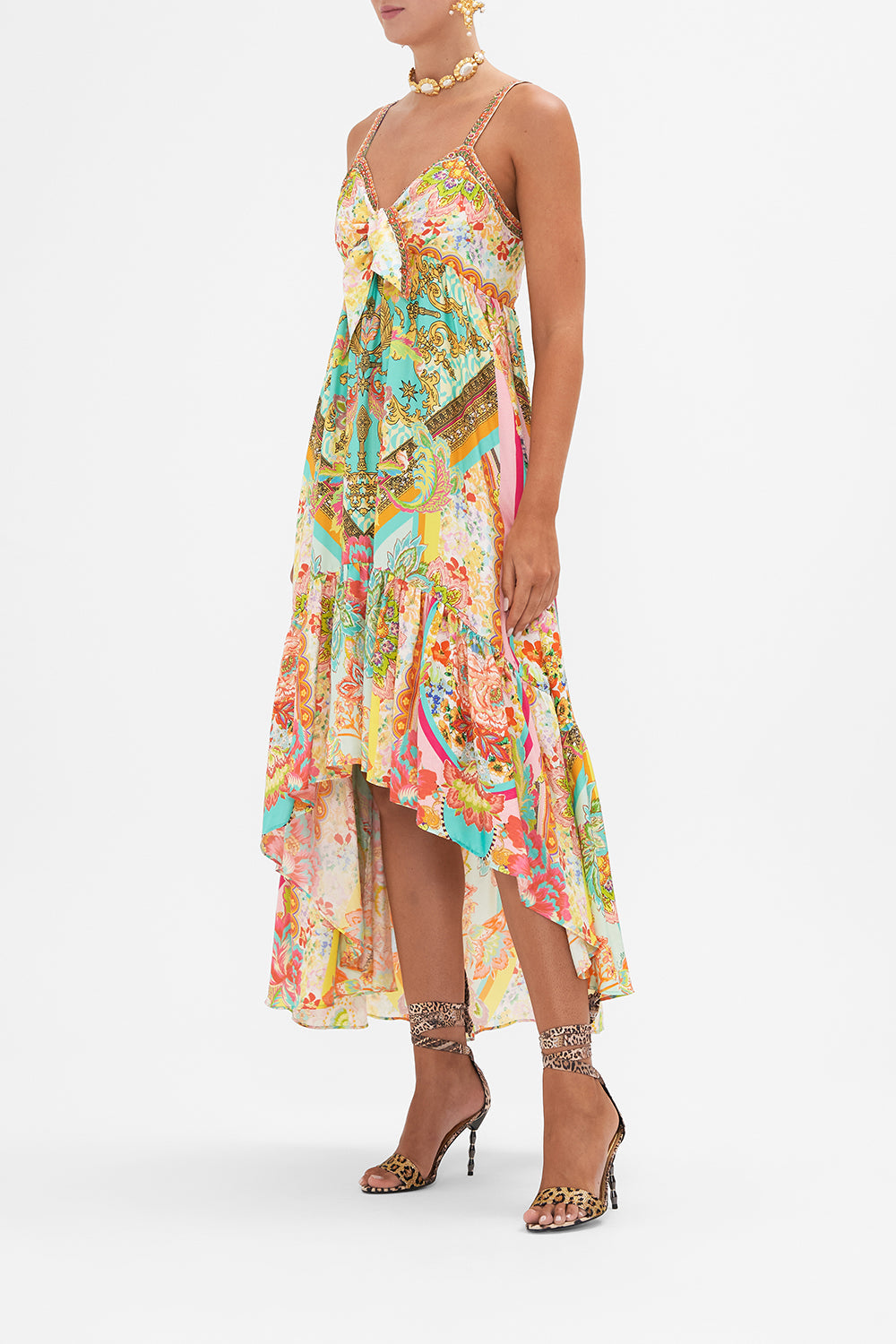 Side view of model wearing CAMILLA silk tie front dress in An Italian Welcome print