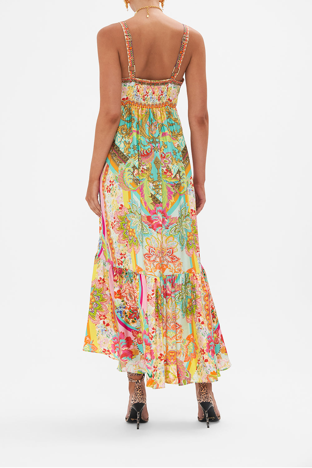 Back view of model wearing CAMILLA silk tie front dress in An Italian Welcome print