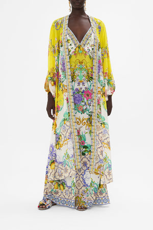 Front view of model wearing CAMILLA silk kimono layer in Caterina Spritz print