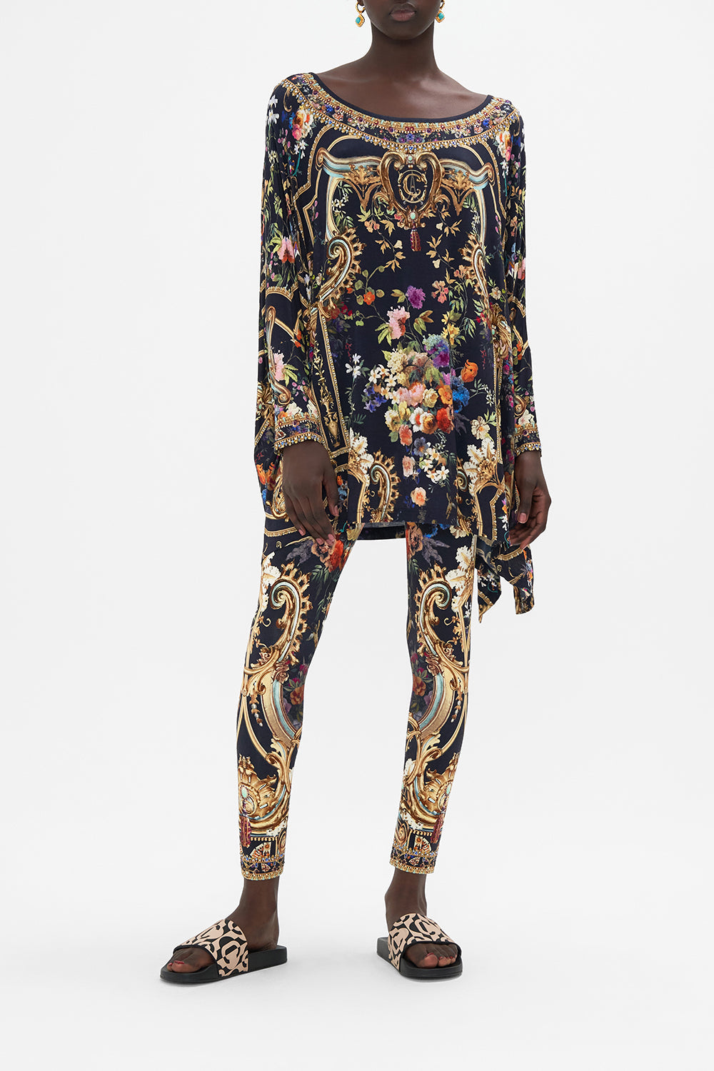 Front view of model wearing CAMILLA scoop neck top in Play Your Cards Right print