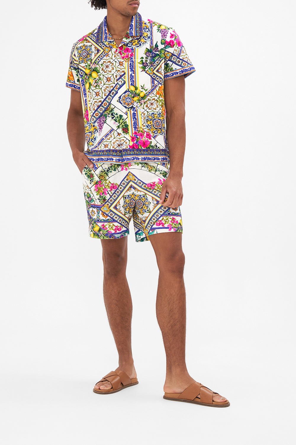 Front view of model wearing of HOTEL FRANKS BY CAMILLA printed mens shirt in Amalfi Amore print