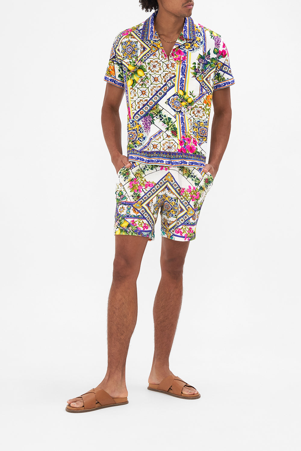 Front view of model wearing HOTEL FRANKS BY CAMILLA elasticated mens short in Amalfi Amore print