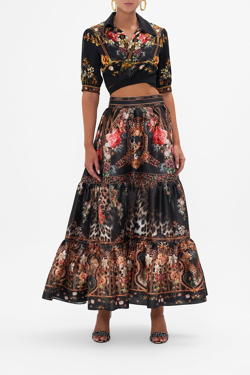 Front view of model wearinvg CAMILLA floral print crop top in A Night At The Opera print