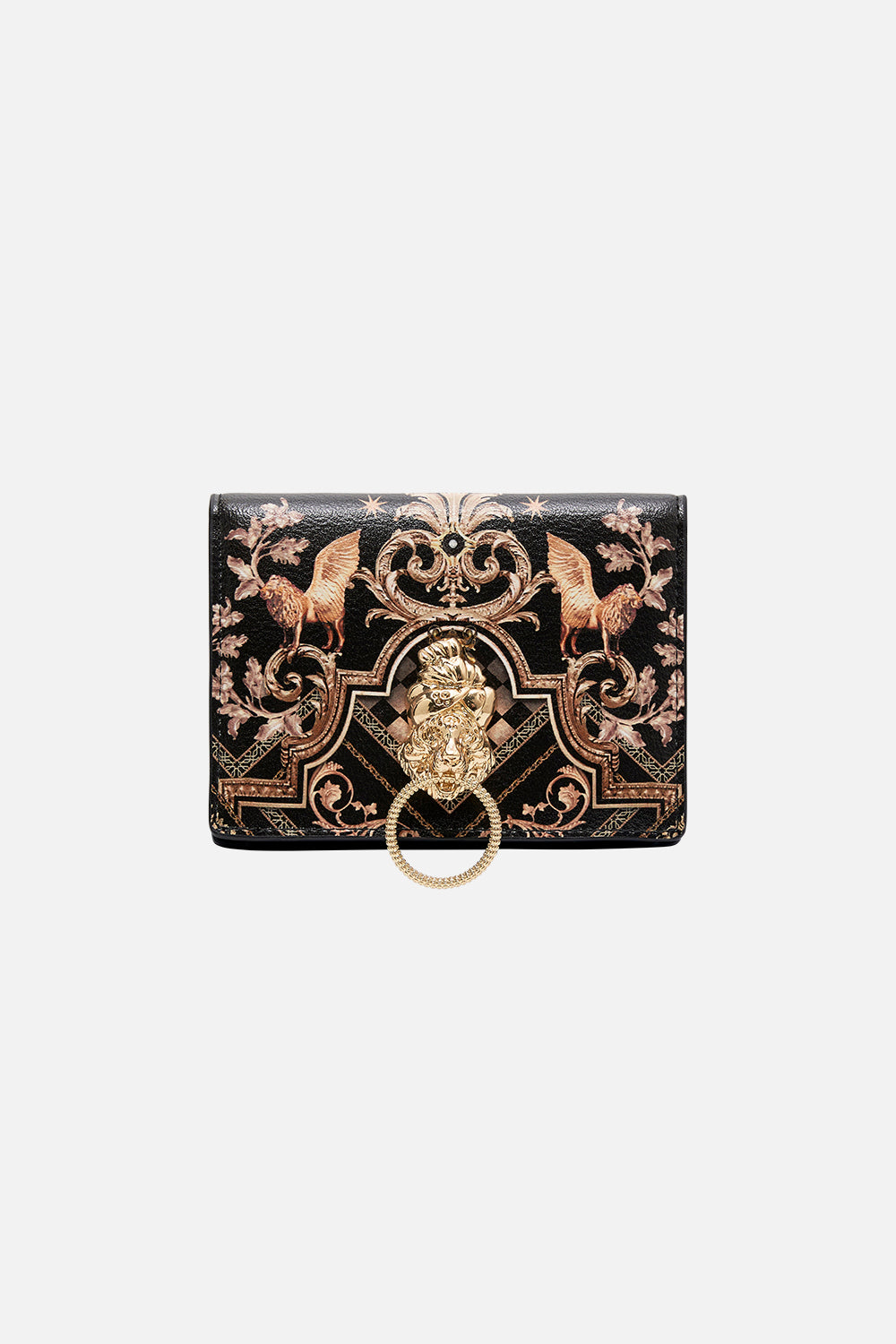 Product view of CAMILLA black and gold printed wallet in Duomo Dynasty 