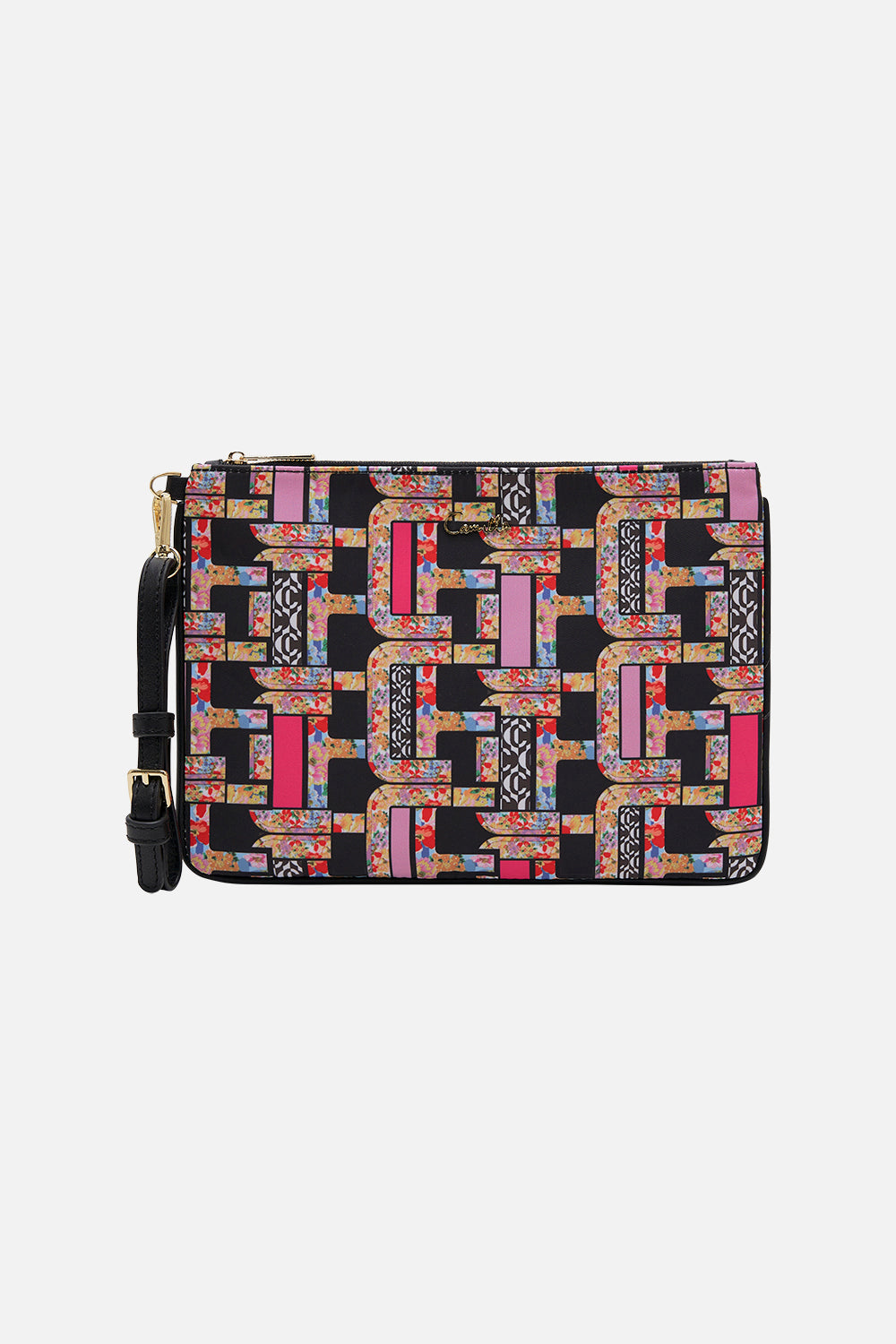 Product view of CAMILLA geometric print clutch in Signora Milano print 