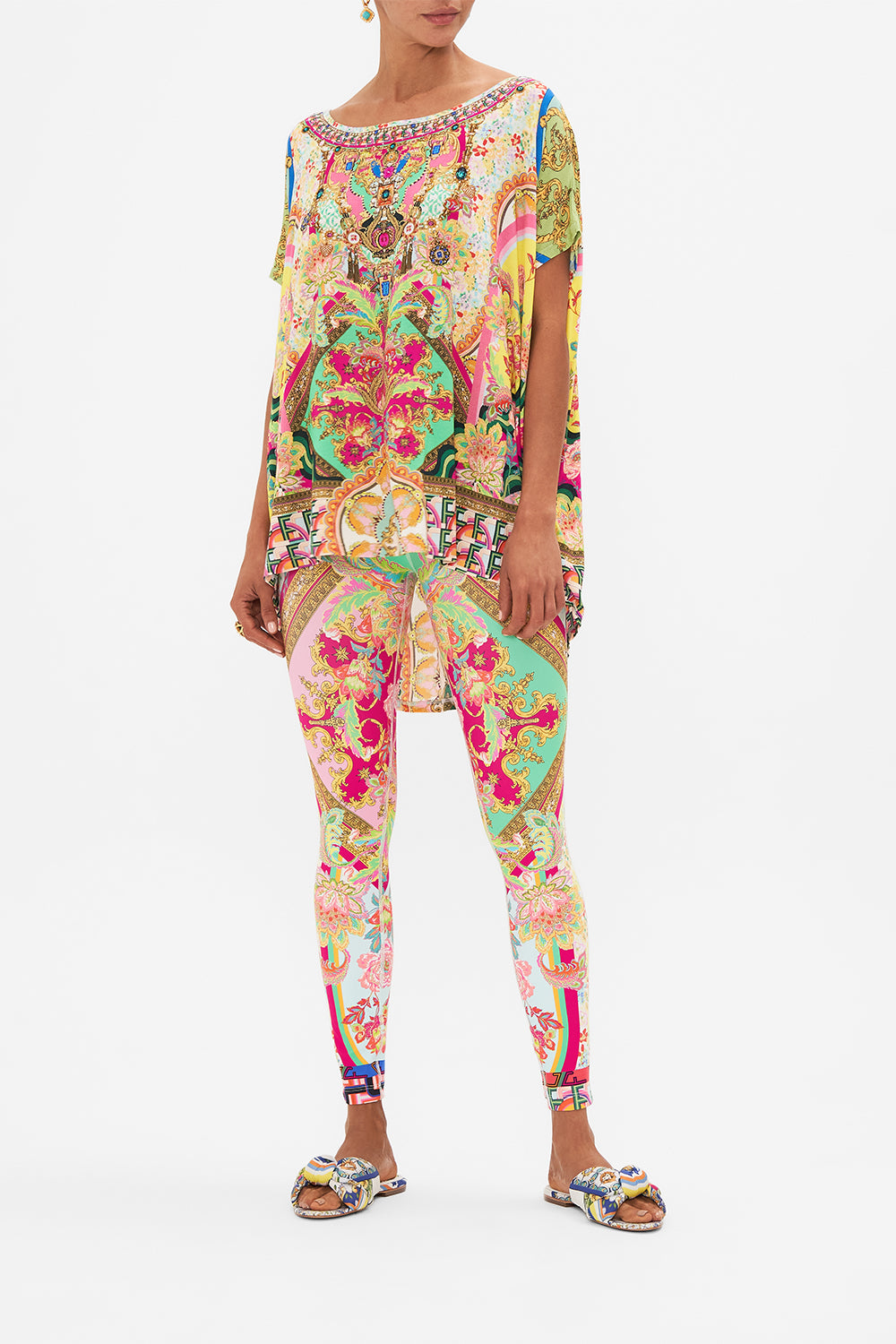 Front view of model wearing CAMILLA loose fit tee in Ciao Bella print