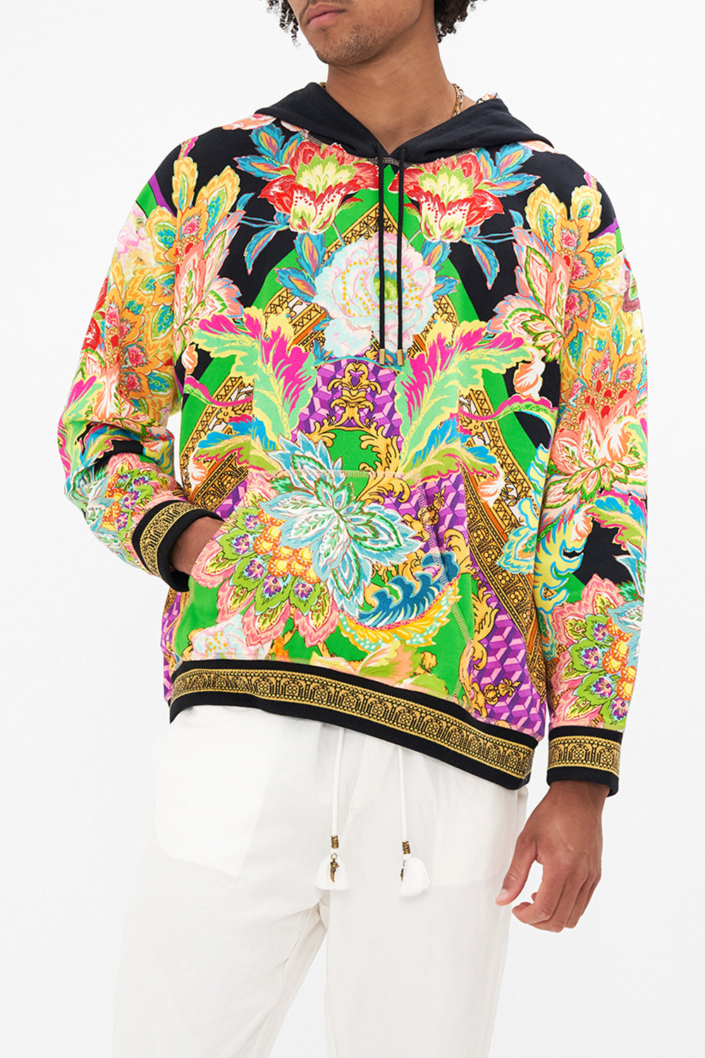 Crop view of model wearing Hotel Franks By CAMILLA mens oversized hoodie in Sundowners in Sicily print