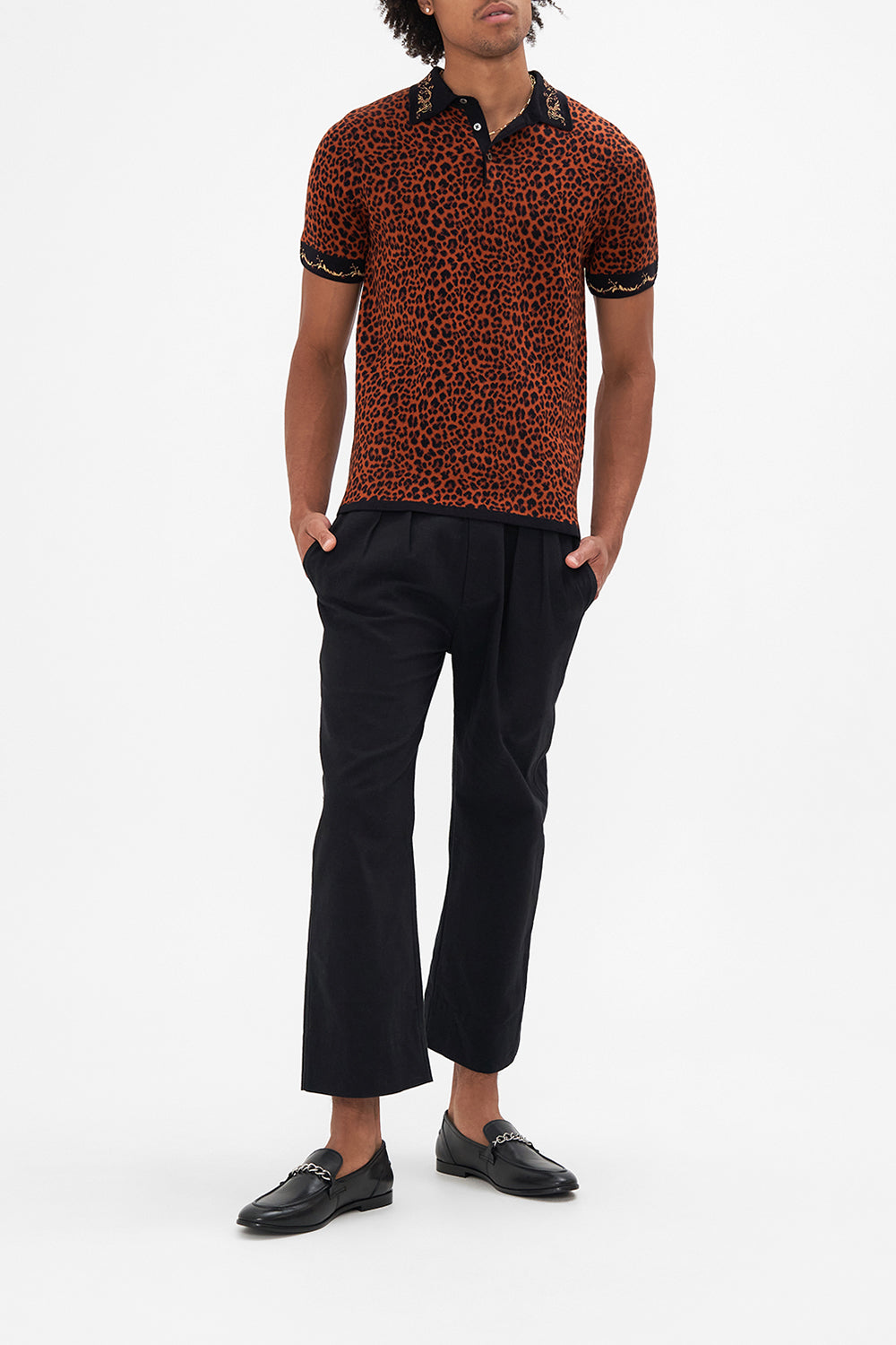 Front view of model wearing Hotel Franks by CAMILLA mens polo shirt in Feeling Fresco 