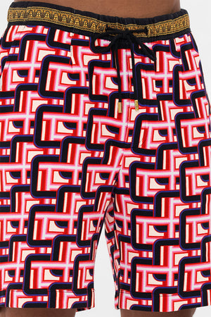 Detailview of model wearing HOTEL FRANKS BY CAMILLA mens track short in Rome Retro print 