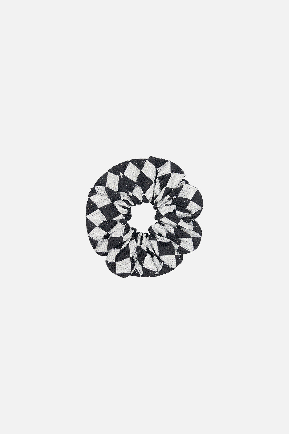 Product view of CAMILLA black and white scrunchie in Duomo Dynasty print