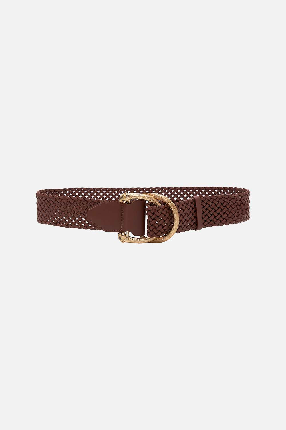 Product view of CAMILLA double D ring leather belt in tan 