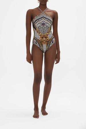 Front view of model wearing CAMILLA printed one piece swimsuit in Look Up Tesoro print