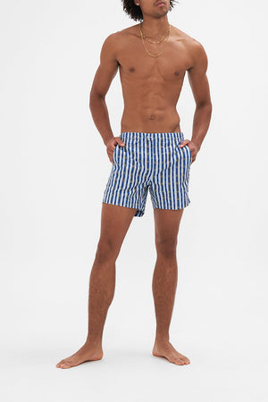 Front view of model wearing HOTEL FRANKS BY CAMILLA mens swim short in Amalfi Lullaby print