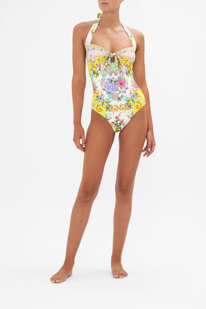 Front view of model wearing CAMILLA one piece swimwear in Caterina Spritz print