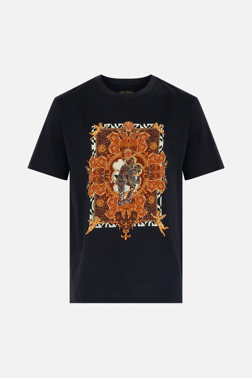 Product view of Hotel Franks by CAMILLA mens black graohic tee in Feeling Fresco print