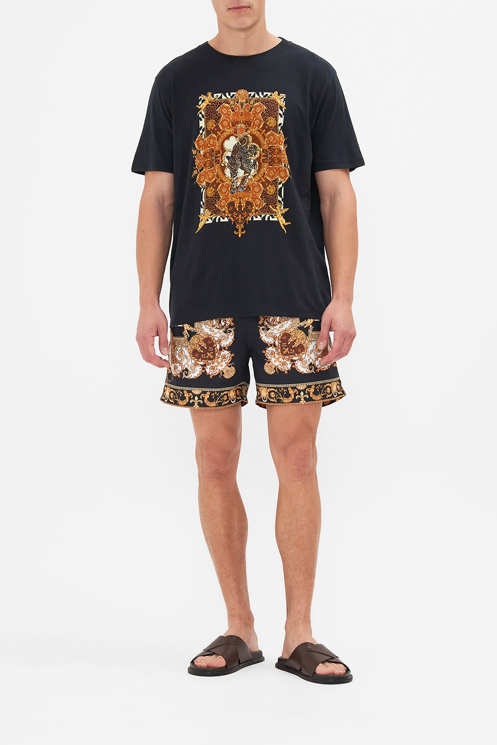 Product view of Hotel Franks by CAMILLA mens black graphic tee in Feeling Fresco print
