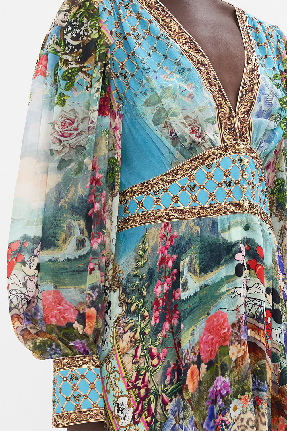 SHAPED WAISTBAND DRESS WITH GATHERED SLEEVES MICKEY TAKES A TRIP