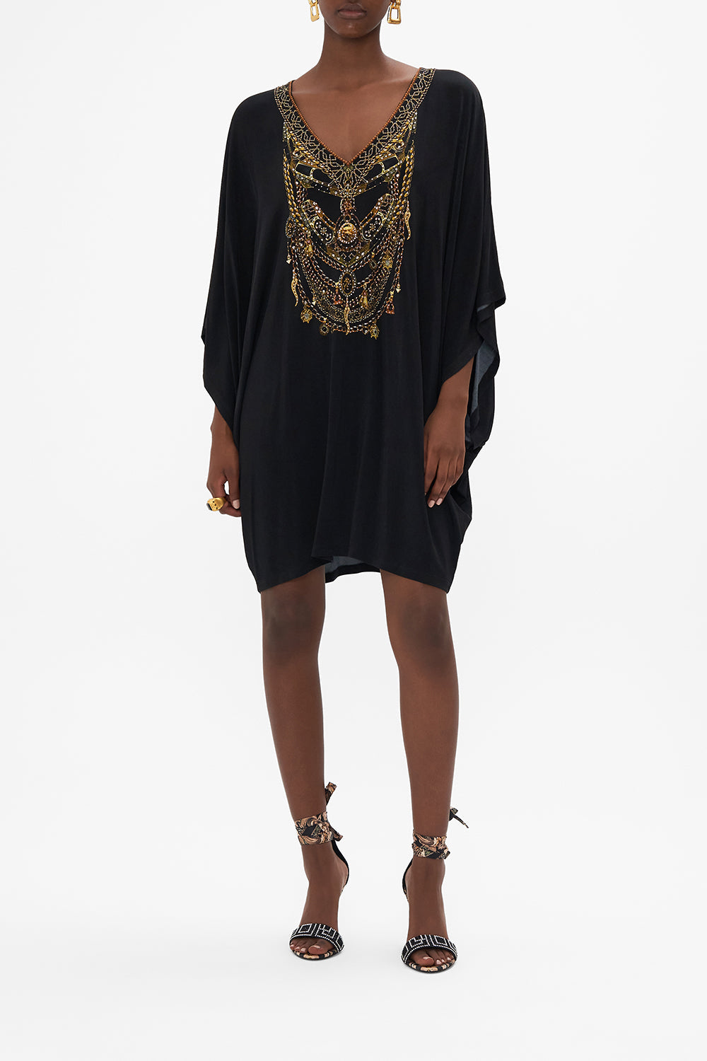 Front view of model wearing CAMILLA black batwing dress in Look Up Tesoro