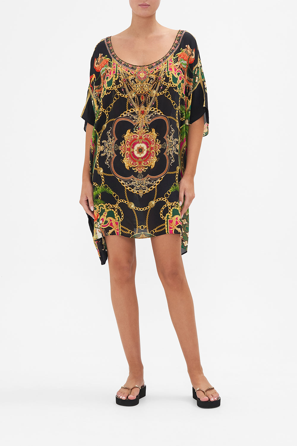 Front view of model wearing CAMILLA silk kaftan in Jealousy And Jewels  print