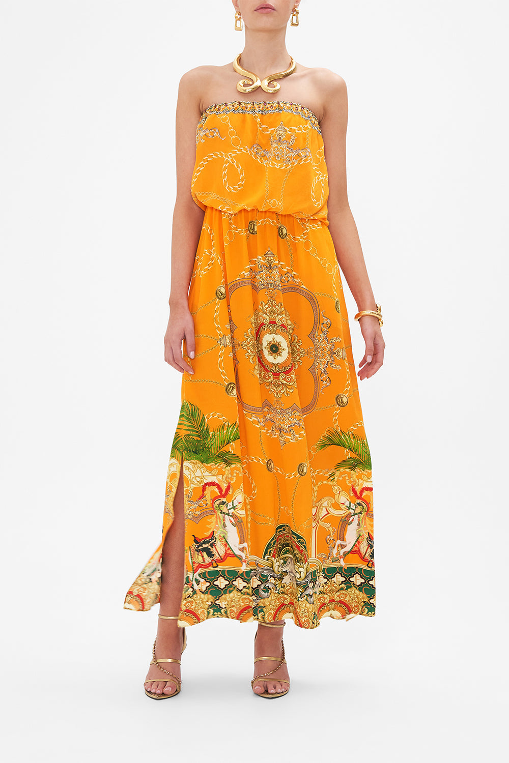 Front view of model wearing CAMILLA strapless maxi dress in Dancing With The Bulls print