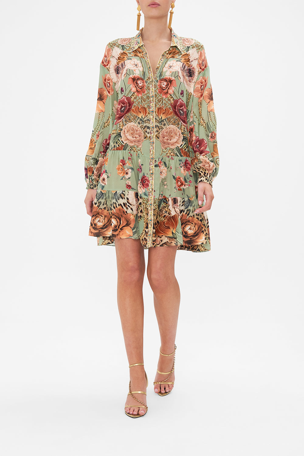 Front view of model wearing CAMILLA floral shirt dress in Grow And Glow print