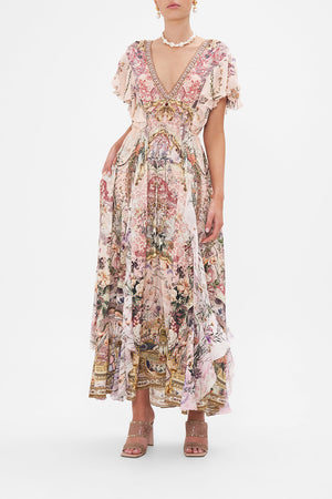 Front view of model wearing CAMILLA floral ruffle maxi dress in Kissed By The Prince print