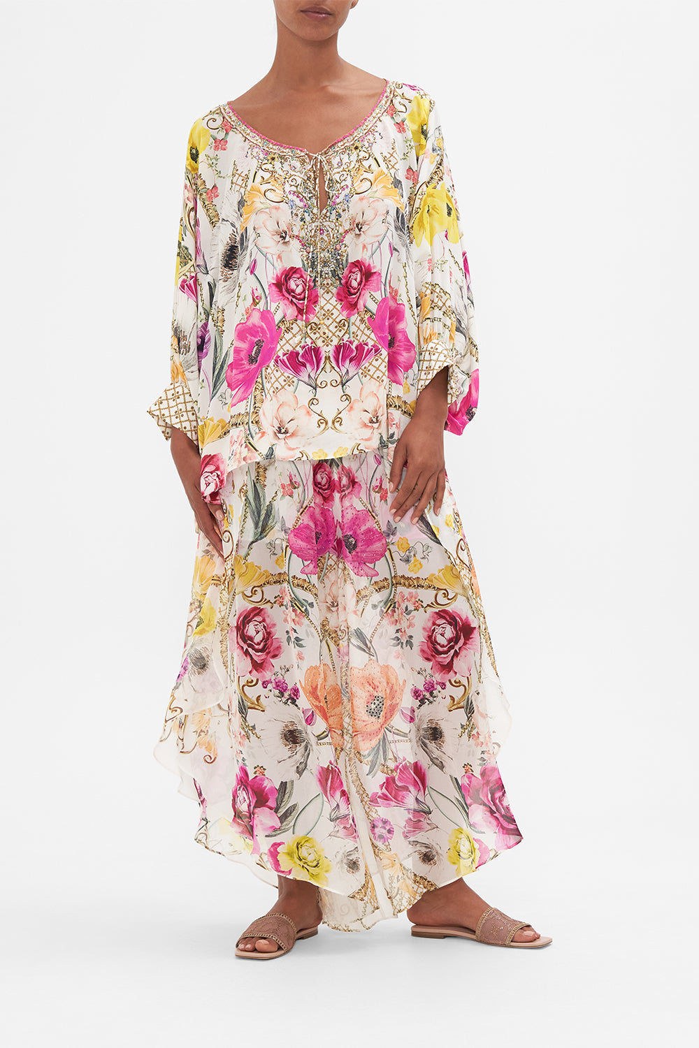 Front view of model wearing CAMILLA floral silk blouse in Destiny Calling print