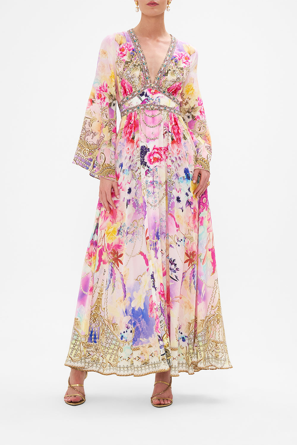 Front view of model wearing CAMILLA long floral maxi dress in Sonic Symphonies print