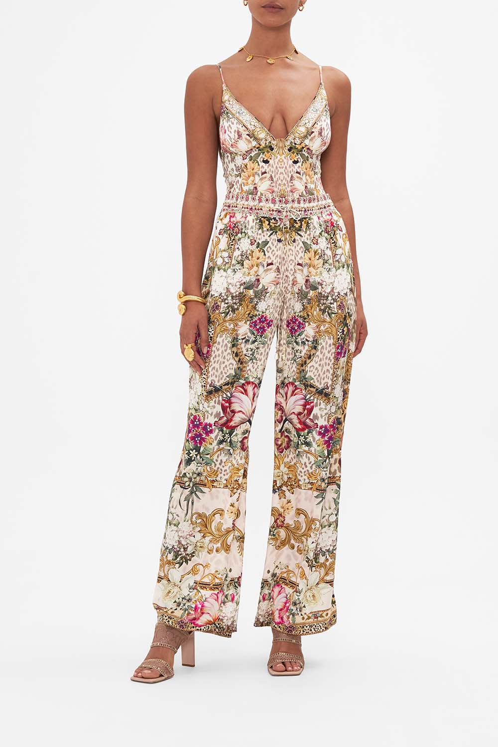 Front view of model wearing CAMILLA bodysuit in Bambino Bliss print