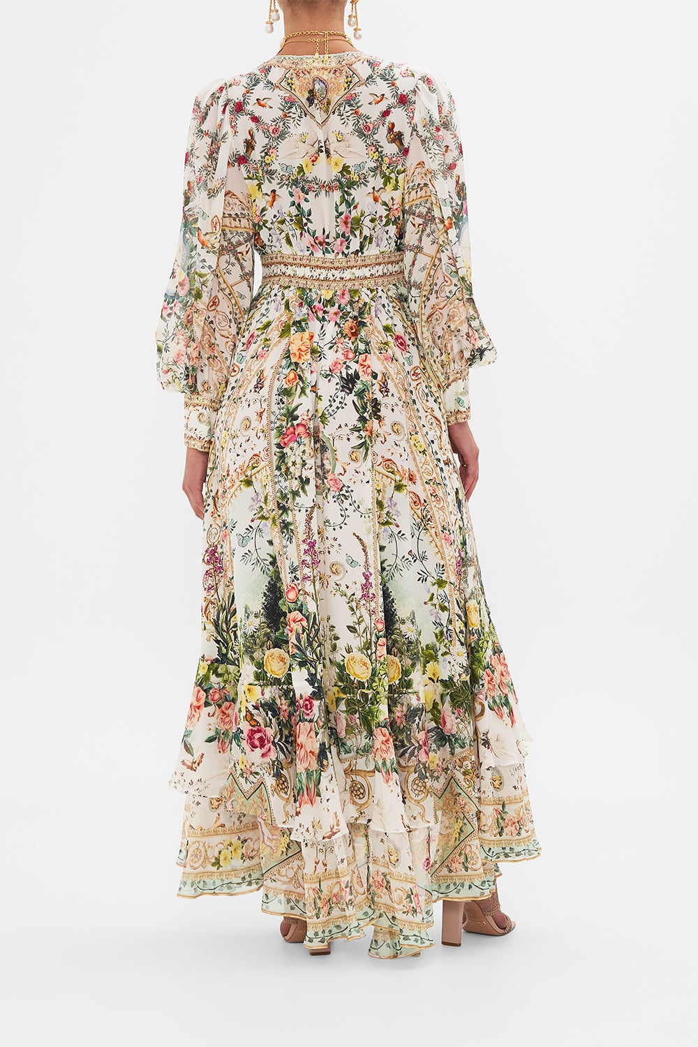 Back view of model wearing CAMILLA silk maxi dress in Renaissance Romance print